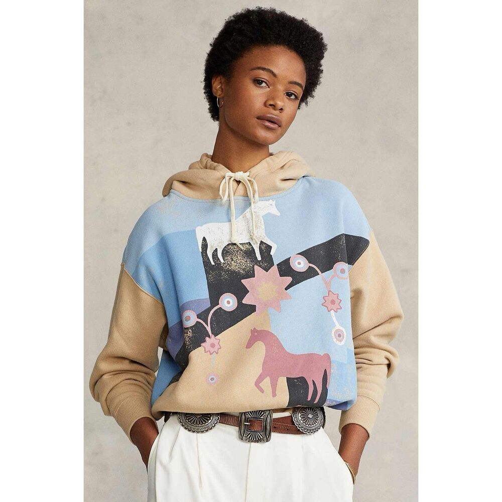 Polo Ralph Lauren Women’s Equestrian Distressed Artist Horse Barn Fleece Hoodie